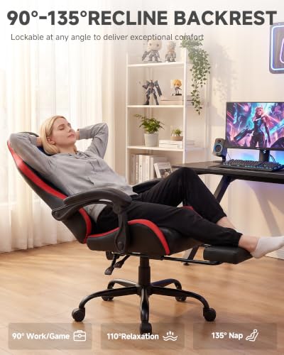 Image of LUCKRACER Gaming Chair, Comfy Computer Chair w /Footrest for Adults, Red