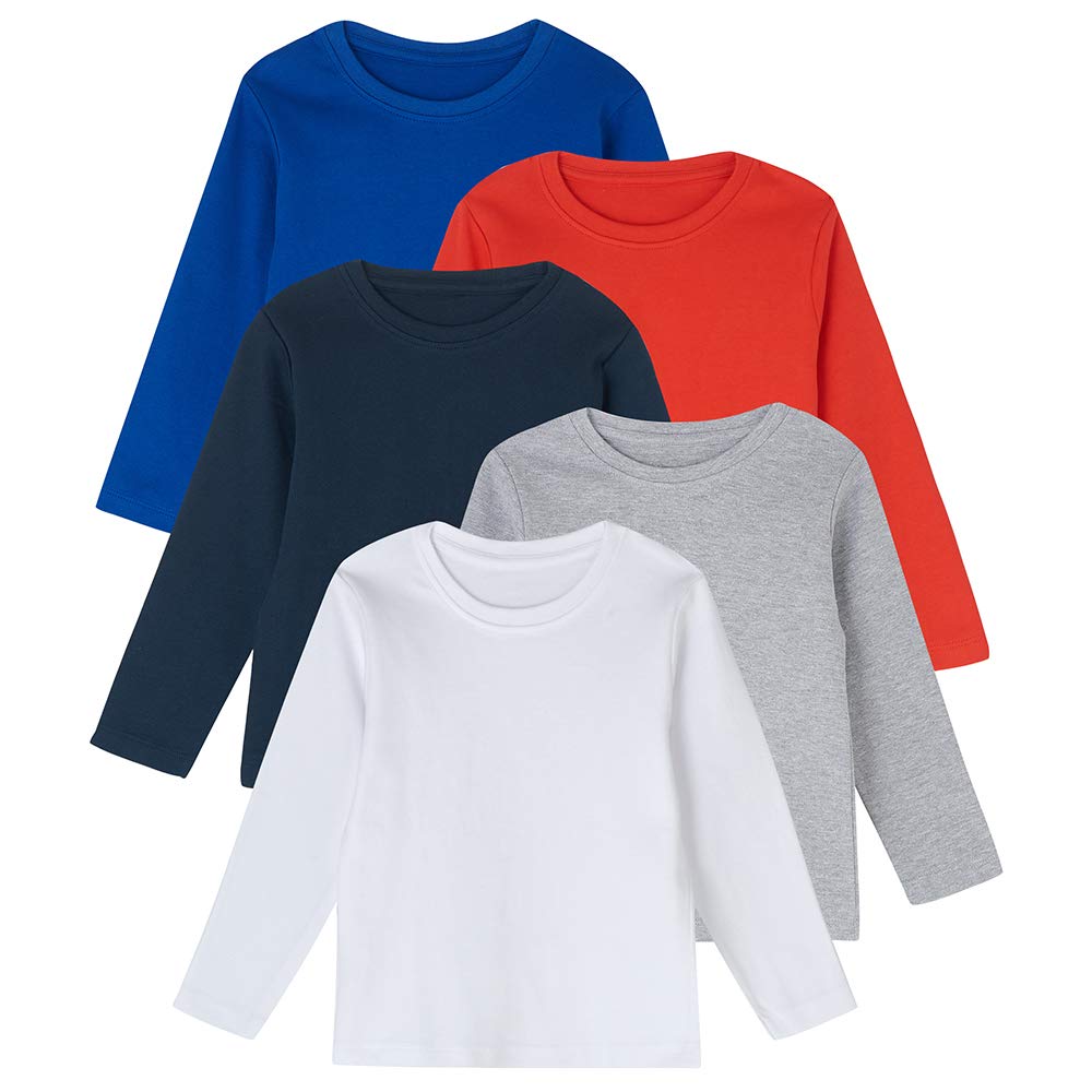 Lovjoy Camisetas unisex de algodón de manga larga para bebés y niños pequeños, Multicolor (blanco, gris, azul marino, rojo, azul), 4-5 años