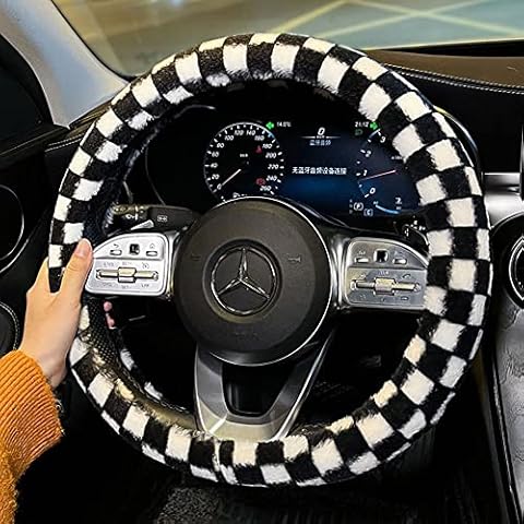 Follicomfy Microfiber Plush Car Steering Wheel Cover for Women, Classical Black White Checkerboard Pattern, Universal 15 Inch Cover