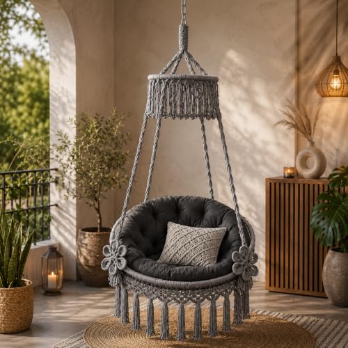 Image of Premium King Size Hammock Chair Swing with Cushion, 200kg Capacity | Indoor Outdoor Heavy Duty Adults & Kids Hanging Jhula for Home, Garden, Patio & Balcony | 1 Year Warranty (Grey)