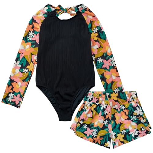 Image of Volcom Girls' Swimsuit Set - UPF50+ Quick-Dry Girls One Piece Swimsuits with Matching Swim Shorts for Swimming (Sizes: 2T-16)