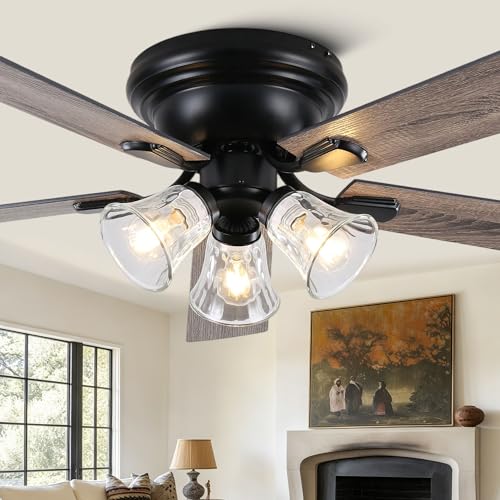 Image of 60 inch Flush Mount Vintage Ceiling Fan with Lights and Remote | Farmhouse Rustic Fandelier, 3 E26 Lights Low Profile Chandelier, for Bedroom Living Room, 5 Dual Blades (Bulbs Not Included)