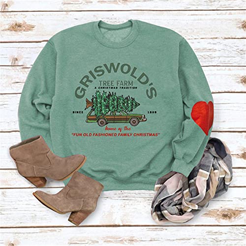 Damen-Sweatshirt „Griswold's Tree Farm“, mir rotem Herz, Weihnachten, Familie, Grafik, ästhetisch, Hellgrün, L