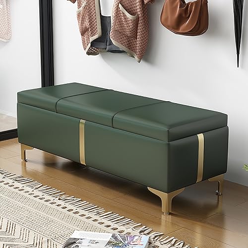 Banco otomano de almacenamiento de piel sintética verde tapizado con patas de metal, taburete rectangular para sala de estar, dormitorio, entrada, 80 x 39 x 40 cm (31 x 15 x 16)