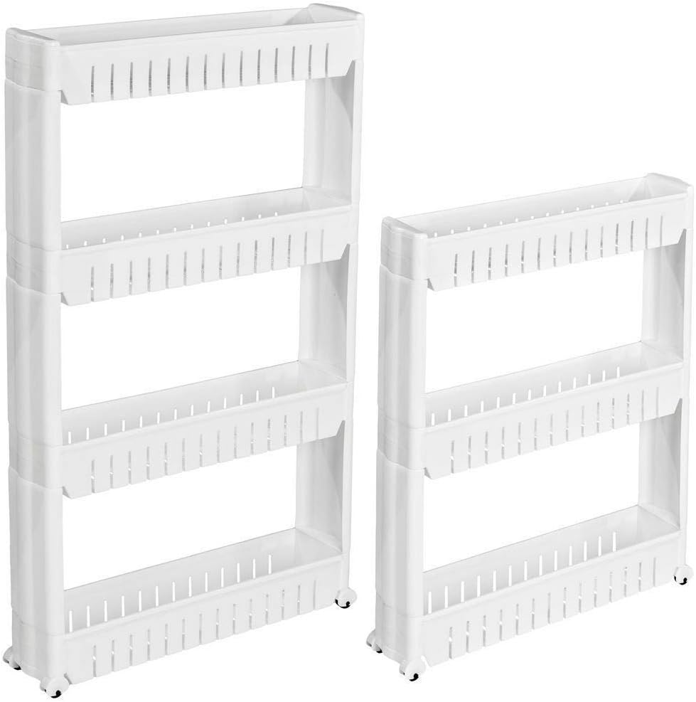 Slide Out Storage Tower Folding 3/4 Tier Rolling Castor Kitchen Bathroom Trolley Rack UK (White, 4 Tier)