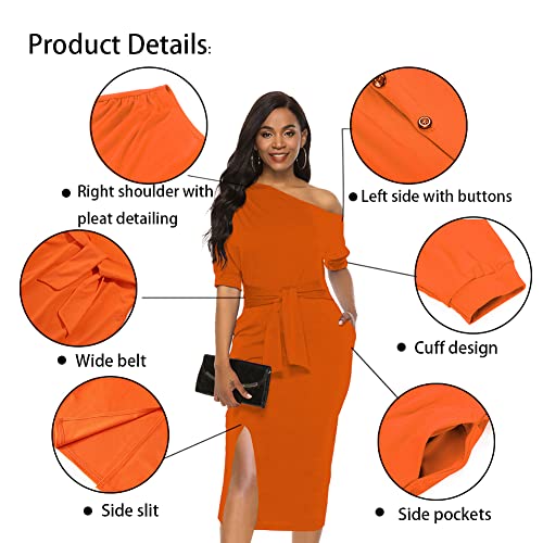 Womens Classy Off Shoulder Short Sleeve Belted Side Slit Midi Pencil Dress with Pockets3