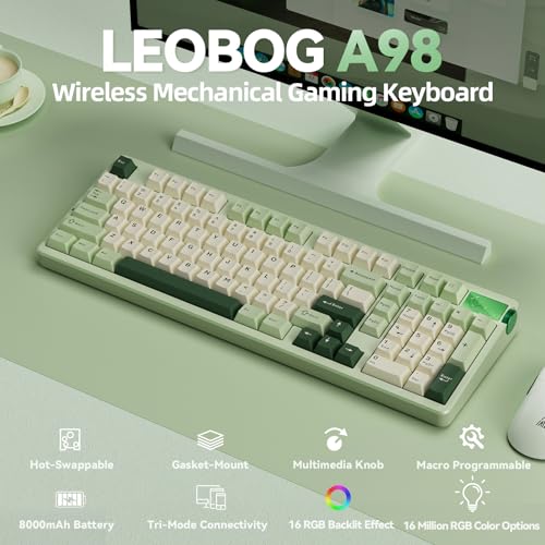 Image of CORBOBO LEOBOG A98-96% Mechanical Keyboard Wireless, Tri-Mode BT5.0 /2.4GHz /USB-C, Creamy Keyboard with Number Pad, Gasket Structure Hot Swappable, RGB Backlit Green Gaming Keyboards with Knob for PC