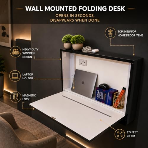 Image of Wall Mounted Folding Study Table - Black & Gold | Solid Wood | Foldable Space-Saving Desk with Storage | Home Office Laptop Desk