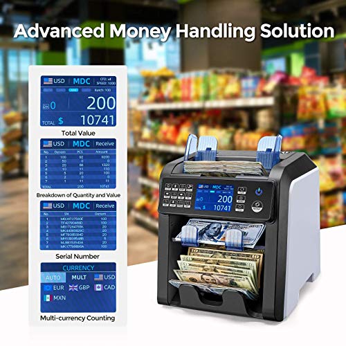 Image of MUNBYN IMC08 Dual Money Counter Machine Mixed Denomination with Reject Pocket, Value Counting, Counterfeit Detection 2 CIS /UV /MG /IR, Sort&Print Enabled Cash Counter, Mixed Bill Counter (White)