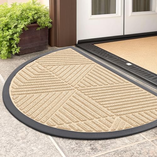 Image of Smiry Half Circle Front Door Mat Outside Entrance, Heavy Duty Sturdy Natural Rubber Doormat, Trap Dirt and Moisture, Low Profile Mats for Indoor Outdoor Entry, Irregular Triangle (29.5x17, Beige)