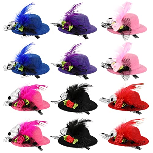 NUOBESTY Mini Hat Hair Clip Mini Top Hat Small Hairpin for Tea or Cocktail Party Cosplay 12pcs (Random Color)