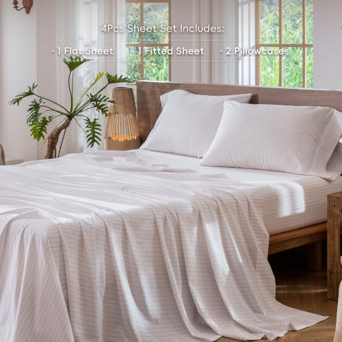 Image of MooMee Striped Sheet Set 100% Washed Cotton Linen Like Queen | Relaxed Linen-like Texture. Soft, Breathable & Lightweight Comfort. 15-19 inch Extra Deep Pocket with All-around Elastic