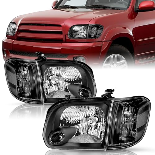 TUSDAR Headlights Assembly Fit for 2005 2006 Toyota Tundra / 2005 2006 2007 Sequoia Double Crew Cab 4-Door (Black Housing with Clear Reflector)