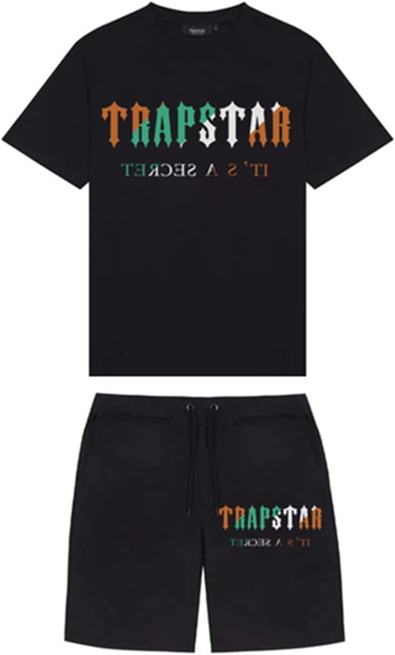 YOUPO Trapstar Letters Printed Casual Sportswear Suit, Men and Women T-Shirt + Shorts + Hat 3 Piece, Loose Jogging Short Sleeve Tracksuits (Color : E1, Size : X-Large)