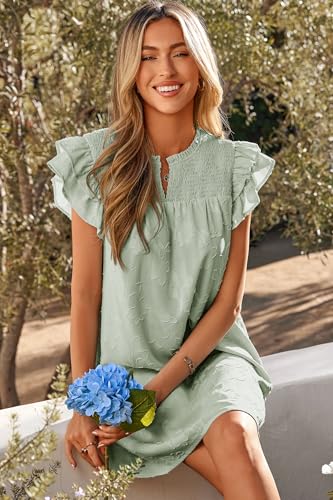 Image of Dokotoo Womens Summer Dresses 2026 Ruffle Short Sleeve Casual V Neck Smocked Floral Burnout Mini Dress Sundress