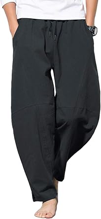 perdontoo Mens Casual Cotton Linen Pants Elastic Waist Drawstring Straight Lightweight Trousers