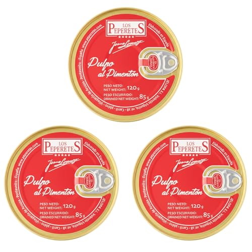 LOS PEPERETES x3 Lata Pulpo al Pimentón 120 g | Marisco Gallego Gourmet | Conserva Artesanal con Aceite de Oliva y Pimentón | Pulpo a la Gallega del Atlántico | Sabor Tradicional de Galicia