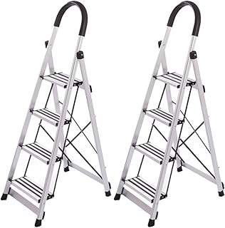 Ladder Step Ladders 4 Step Steel Ladder Black and Silver Aluminum Stepladders Lightweight Step Ladders with Handrails and X-Shaped Reinforcement Portable Step Stool