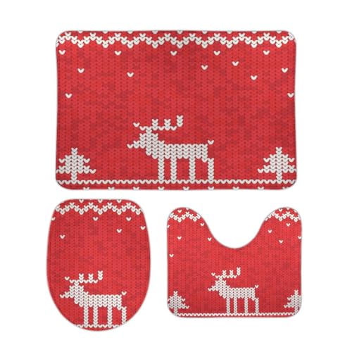 Nuansexi Bathroom Rug Sets Knitted Pattern Deer Christmas Trees Red Bath Toilet Rugs Set 3 Piece Anti Slip U-Shape Contour Toilet Mat Coral Velvet Absorbent Machine Washable Bathroom Toilet Decor