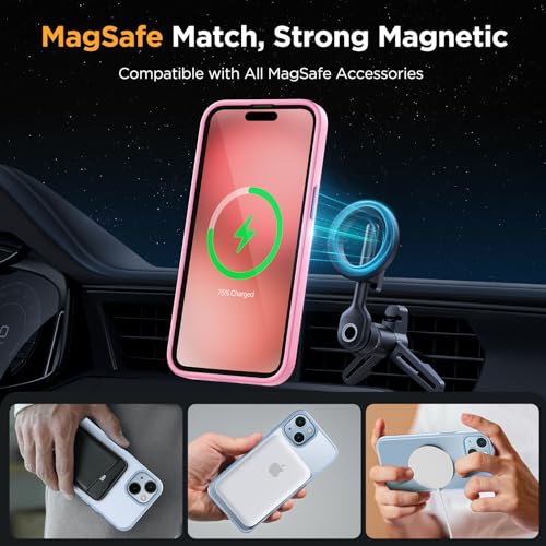 Image of Miracase Magnetic for iPhone 15 Case (Compatible with MagSafe)(with 2X Screen Protectors) Military-Grade Protection, Anti-Fingerprint Translucent Matte Phone Cover for iPhone 15 6.1 inch, Mes Pink