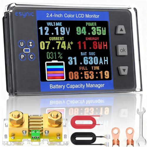 eSynic Professional Battery Monitor with Shunt-Range 10V-120V and up to 500A Battery Monitor with
