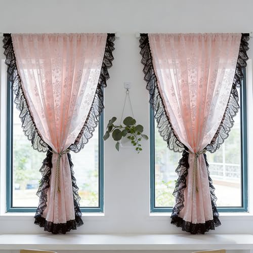 Princess Pink Floral Sheer Curtain Panels with Black Ruffled Lace Trim