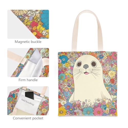Cartoon Cool White Seal Canvas Bags Bulk with handles Tote Bag With Pockets Reusable Canvas Grocery Bags for Travelling Bolsa de lona4