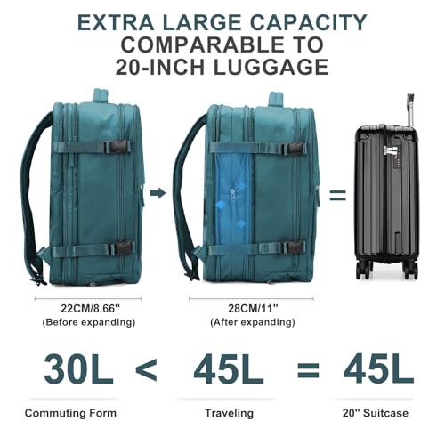 Image of coowoz Large Travel Backpack For Women Men, Carry On Backpack,Hiking Backpack Waterproof Outdoor Sports Rucksack Casual Daypack Expandable Heavy Duty Extra large Backpack Peacock Blue