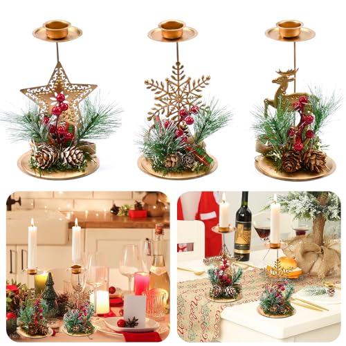ADERTOS 3 PCS Candelabros Portavelas de Navidad, Portavelas Navidad para Velas, Candelabros Navideños de Metal, Portavelas de Oro Candelabros Vintage para Boda Navidad Decoración del Hogar