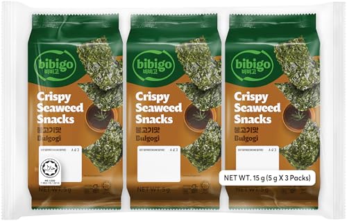 Bibigo Crispy Seaweed Snacks Korean BBQ Flavour Gluten-Free Savory Green Pack of 3 x 5 g