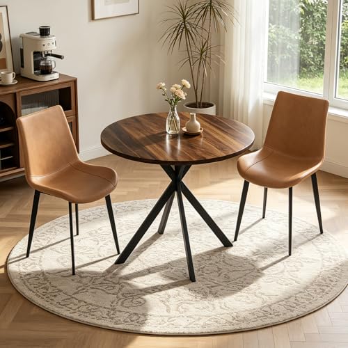 domusdisn 31.5 Round Dining Table and Chairs Set for 2 Small Dining Table Chairs Set Space-Saving Small Dinette Sets for 2 for Kitchen Dining Room Apartment(Walnut Table + Brown Chairs)