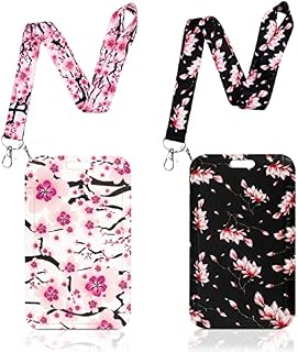 SOSPIRO 2 Pack Lanyard with Card Holder, Neck Strap with ID Badge Holder for Women Girls, Cute Flower Lanyards with ID Hard Card Case for Keys Credit Card Walllet ID Card