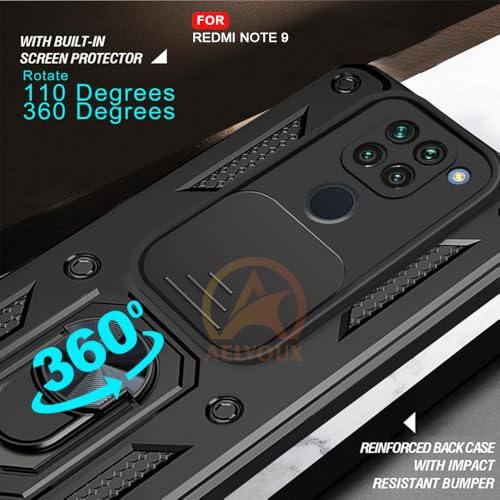 Image of Armor Bumper Back Cover Case for Redmi Note 9 Rotating Camera Cover, Ring Holder & Kickstand | Heavy Duty & 360 Degree Protection Redmi Note 9 Back Cover (Black)