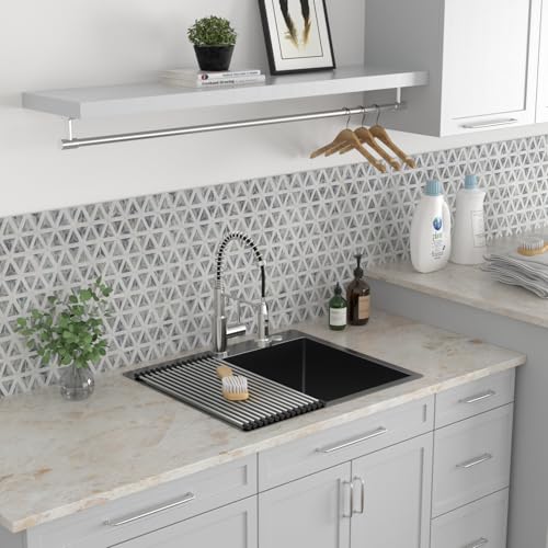 Image of Kichae 25 Inch Black Laundry Sink - 25x22 Kitchen Sink Drop In Utility Sink 12 inch Deep Sink Topmount Single Bowl Stainless Steel RV Laundry Sinks Handmade with Accessories
