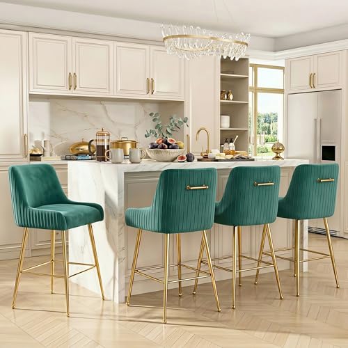 26” Velvet Counter Height Bar Stools Set of 4,Upholstered bar Chair Gold Bar Stools with Back, Beige Island Chairs with Gold Chrome Plated Metal Leg,Barstools for Kitchen Counter Dark Green