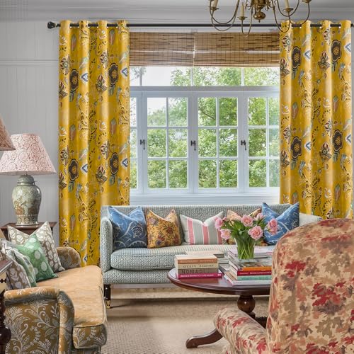Image of Mustard Yellow Vintage Floral Patterned Blackout Curtains 108 Inches Long