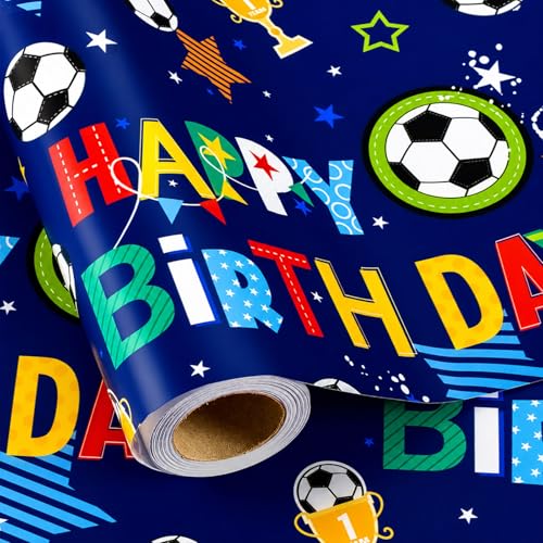 Burymento Soccer Birthday Wrapping Paper Roll - 17 in x 16.4 ft Happy Birthday Gift Wrap for Men Teens Boys Football Sport Theme Boy Wrapping Paper for Fathers Day World Cup Holiday Graduation