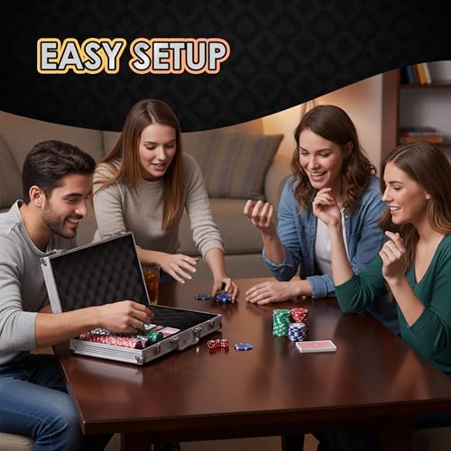 Gamie Poker Set in Aluminum Case, Casino Poker chip Kit with 300 Chips, 2 Decks of Playing Cards, 5 Dice, and 1 Deluxe Case, Fun Game Night Supplies, Best Poker Gifts for Teens and Adults, Black - Thumbnail 4