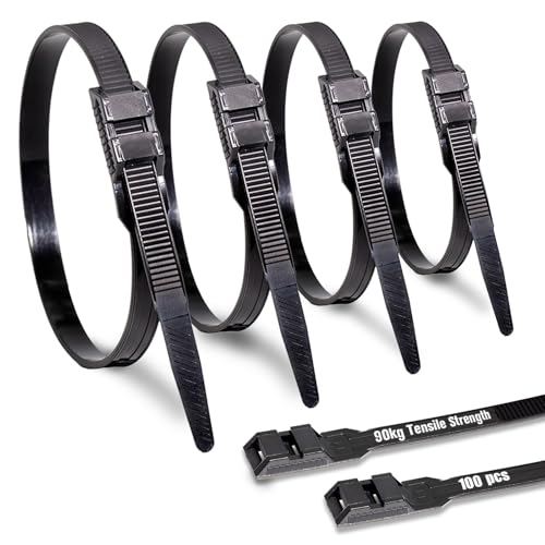MgcTolBox 9mm x 360mm Double Verrou Serre Cable Noirs 100 Pièces Résistant au UV Durable Attache Cable Résistance à La Traction 90 kg Pour Cable Management, Famille DIY, Bricolage, Atelier, Jardinage