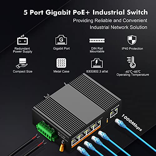 Image of MokerLink 5 Port PoE Gigabit Industrial DIN-Rail Ethernet Switch, 14Gbps Switching Capacity, IP40 Rated Network Switch (-40 to 185F), with UL Power Supply