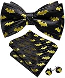 YOHOWA Halloween Bow Tie for Men Bat Black Yellow Silk Pre-Tied Bowtie Handkerchief Cufflinks Set Formal Party Costume Cosplay Props