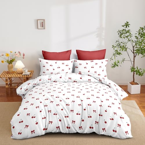 Image of Nayoroom Red Cherry Duvet Cover Queen Size Cute Bow Duvet Cover 3 Pieces Soft Lightweight Microfiber Girls Aesthetic Dorm Bedding Set with Zipper Closure