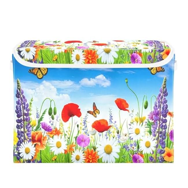 RunningBear Butterfly Daisy Blue Large Storage Bins with Lid Collapsible Fabric Storage Baskets for Rooms Playroom Shelves