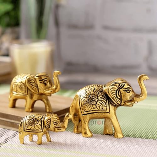 Image of Set of 3 Metal Trunk Up Elephant Statues - Brass Finish Feng Shui & Vastu Lucky Figurines for Home Office Decor - Symbol of Good Luck, Prosperity, and Positive Energy