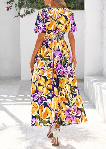 Image of PRETTYGARDEN Womes Boho Maxi Dresses 2026 Summer Spring V Neck Puff Sleeve Empire Waist A Line Flowy Long Beach Floral Dress