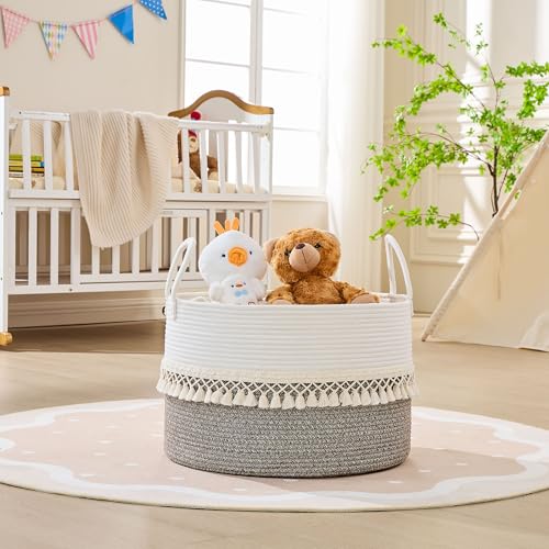 Image of KAKAMAY Cotton Rope Storage Basket (20 inchx13 inch),Woven Hamper for Blankets,Toys,Pillows,Clothes,Laundry,Sturdy Handles Decorative Basket for Living Room, Bedroom,Nursery(Beige Fringe)