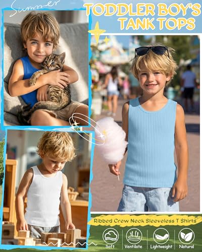 Image of 4 Pack Toddler Boys Cotton Tank Tops | Ribbed, Sleeveless T-Shirts, Summer Undershirts, Slim Fit, Crewneck, Layering, Sizes 18M-5T