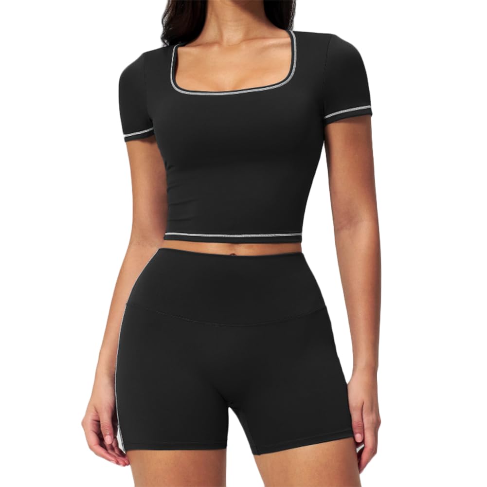XYFfybhsd Women Workout Sport 2 Piece Yoga Contrast Stitching Gym Leggings Shorts and Crop Top Set(Size:M,Color:Black)