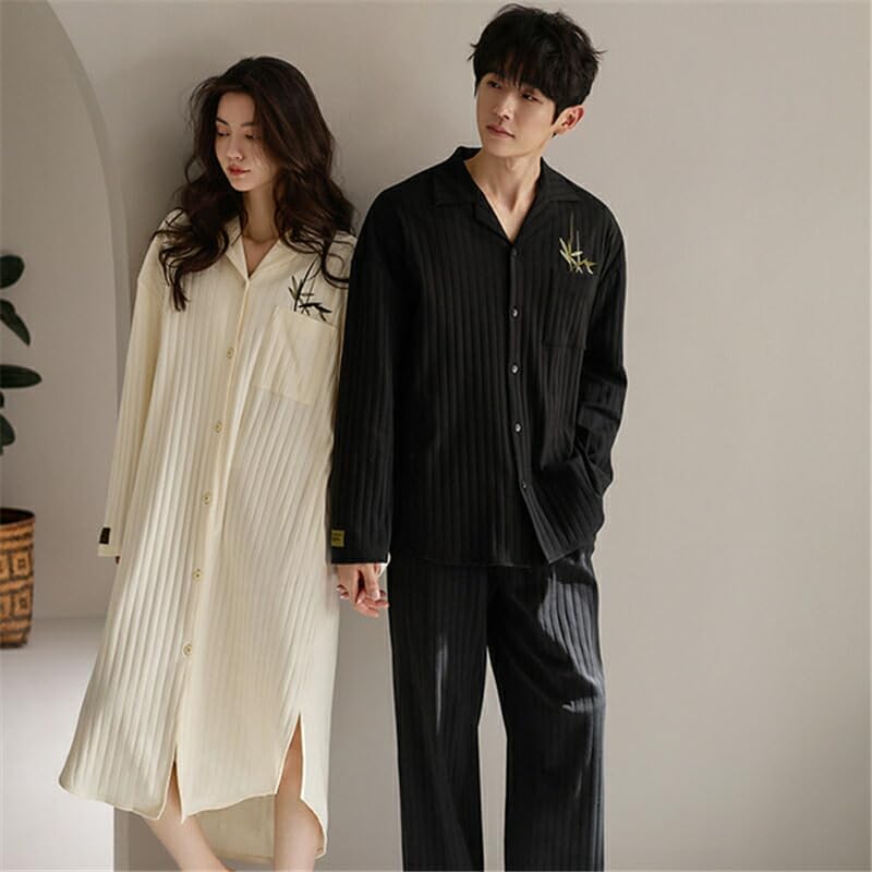 「ジュタオピン」 ペア パジャマ 綿 カジュアル セットアップ 前開き カップル 春 秋 ネグリジェ シンプル 綿100％ 長袖トッ