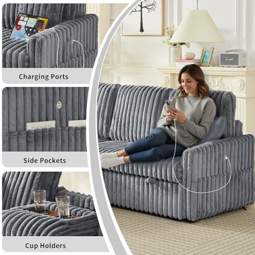 Image of KCGKCG 81 inch Sectional Sleeper Sofa Bed, Pull Out Couches for Living Room | Pull Out Sofa Bed with Storage Chaise, Dual Cup Holders, Side Storage Pocket, Charging Station, Plush Corduroy Fabric
